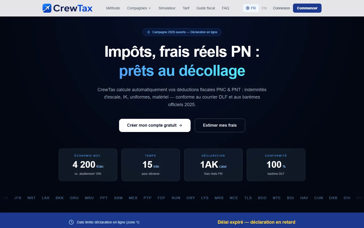 Capture d'écran de la page d'accueil de CrewTax, simulateur fiscal pour le personnel navigant