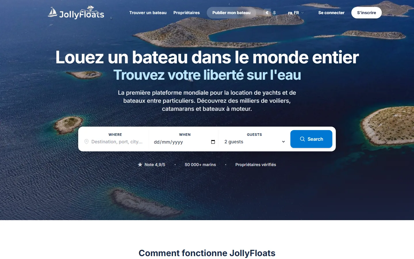 Capture d'écran de la page d'accueil de JollyFloats, plateforme de location de bateaux